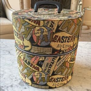 Amazing Vintage Airline motif tapestry hat/wig/travel case.approx 13 “x 13”